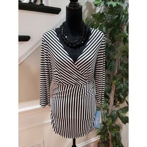 B-Slim Women's Black & White Polyester V-Neck Long Sleeve Top Blouse Size Large